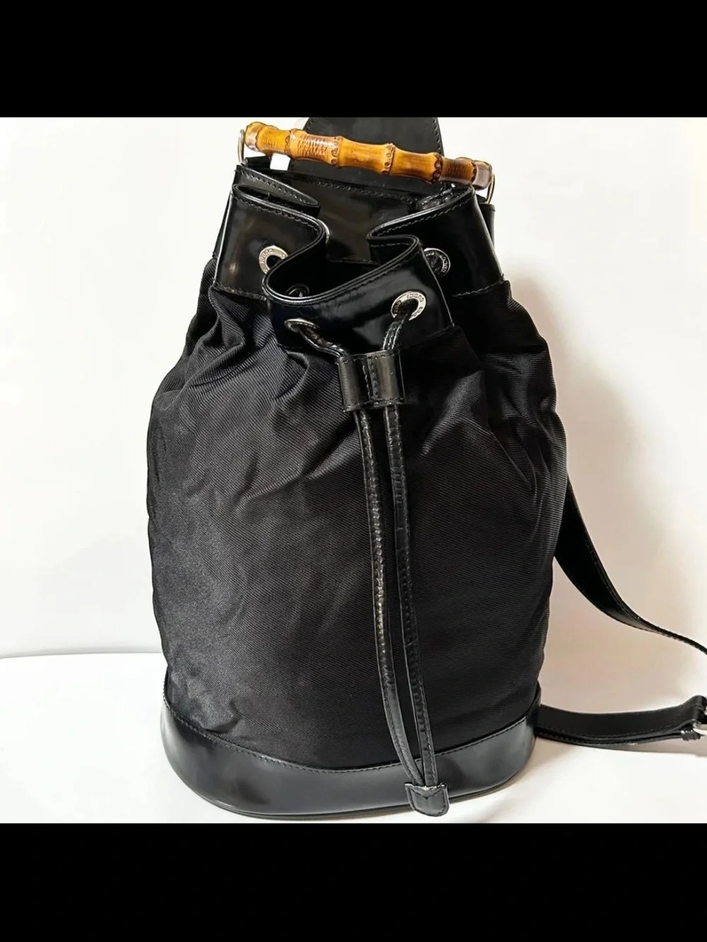 Gucci Black Drawstring Backpack with Bamboo Top Handle
